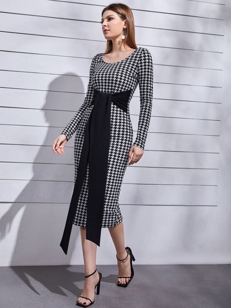 

houndstooth knot draped slit back bodycon dress l6qp#, Black;gray
