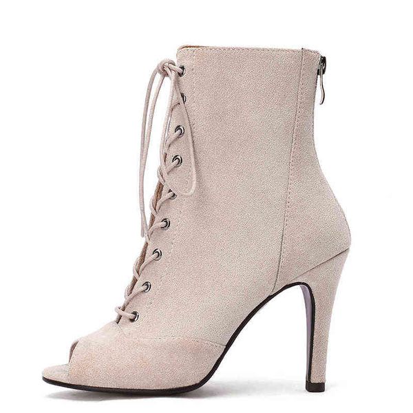 Botas de moda peep dedo dedo tornozelo para mulheres sapatos sexy saltos altos de verão renda curta up faxu camurça fêmea 220805