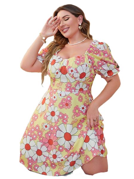 

plus floral print ruched bust puff sleeve dress e6t3#, Black