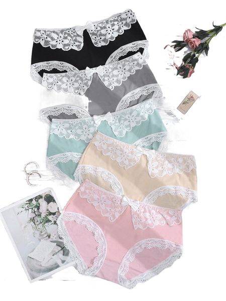 

plus 5pack contrast lace bow decor panty a0ze#, Black;white