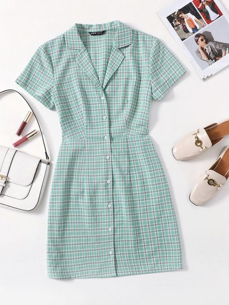 

plaid button front shirt dress a759#, Black;gray