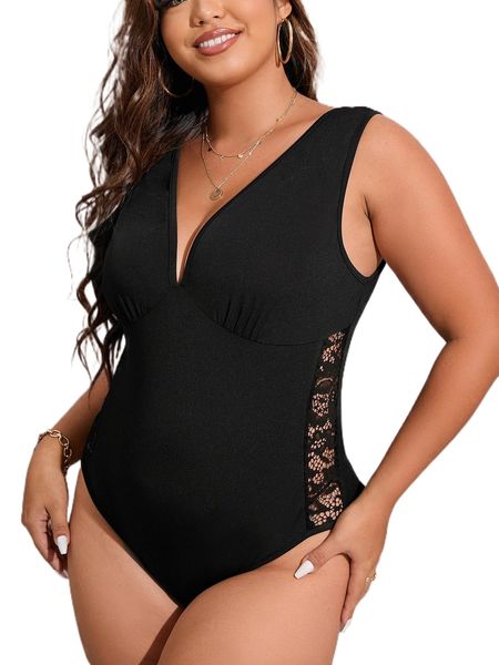 

plus contrast lace panel deep v neck bodysuit i9ry#, Black