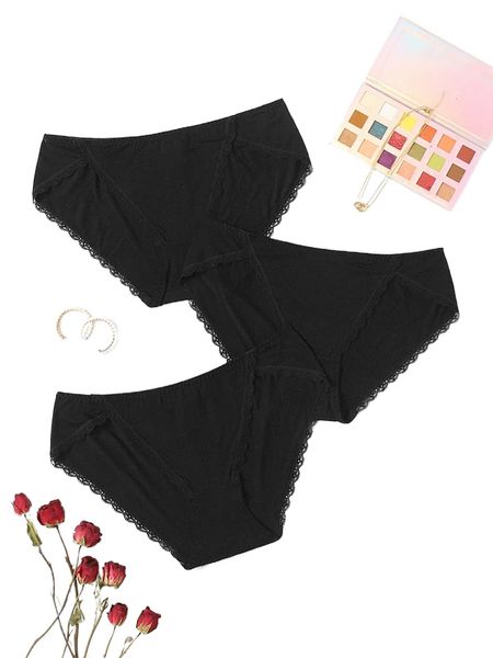 

plus 3pack contrast lace panty q62w#, Black;white