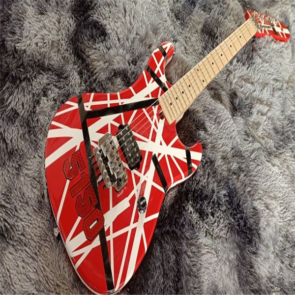 

electric guitar 2021 kra eddie edward van halen 5150 white stripe red floyd rose tremolo bridge, locking nut, maple neck