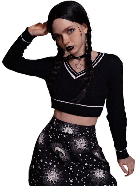 

romwe dark academia striped crop sweater f7hz#, White;black