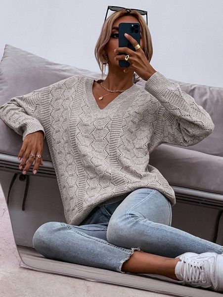 

drop shoulder pointelle knit sweater b5c9#, White;black