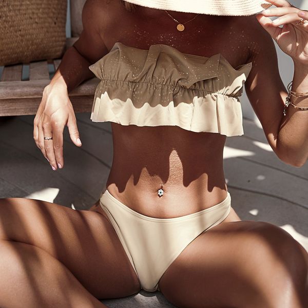 

new bandeau bikini brazilian bikini set ruffle women swimsuit solid female swimwear bathing suit beachwear