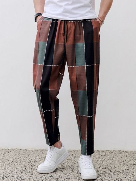 

men plaid print drawstring waist pants x9yo#, Black