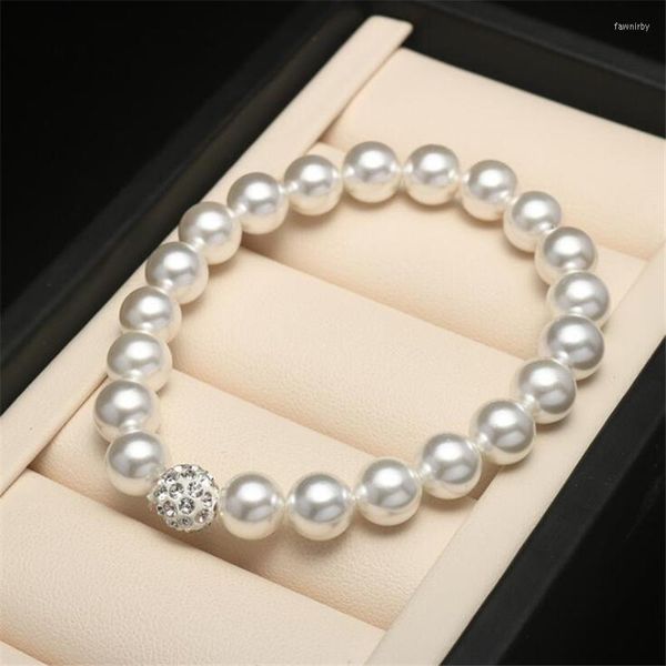 Fios de miçangas corea shell natural pérolas brancas de miçangas com pulseira de cristal de strass em pulseira redonda para homens presentes de jóias de mulheres 8mm Fawn2