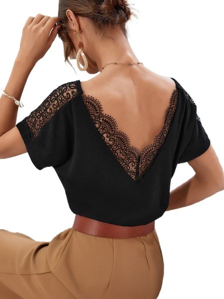 

frenchy guipure lace scallop trim batwing sleeve tee s8fa#, White