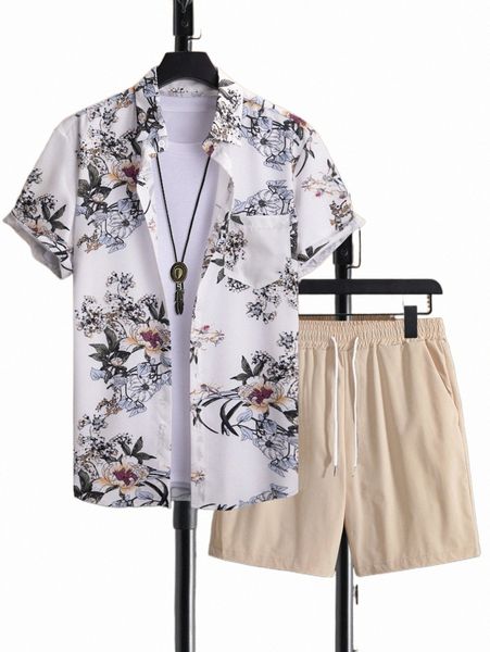 

men floral print shirt & drawstring waist shorts without tee w9i5#, Gray