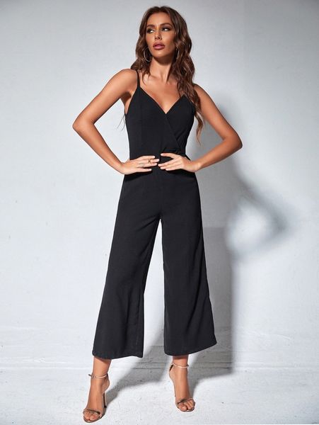

solid surplice neck wide leg jumpsuit i0a3#, Black;white