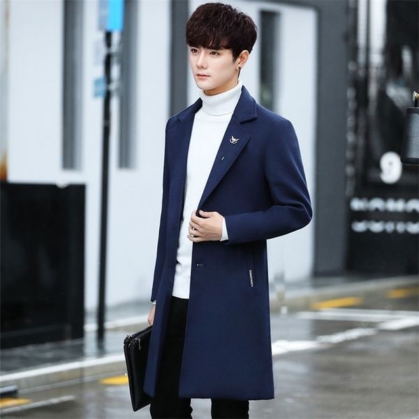 

solid color plus size woolen coat male korean version mid length section 2020 new windbreaker fashion lapel clothing for men lj201110, Black