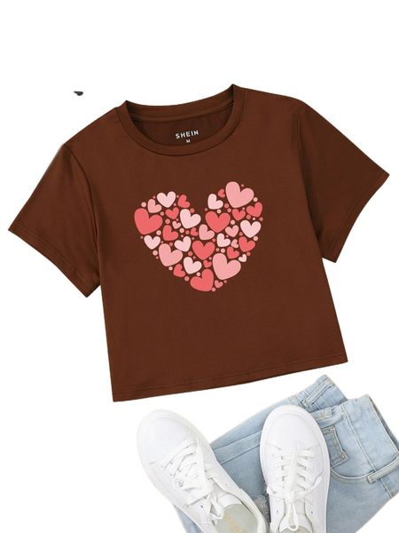

heart print round neck tee 64bw#, White