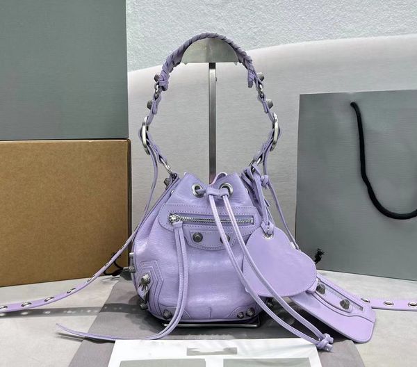 

2022 le cagole xs drawstring bucket bag in light purple genuine leather motorcycle shoulder bags aged-silver hardware adjustable shoulders s