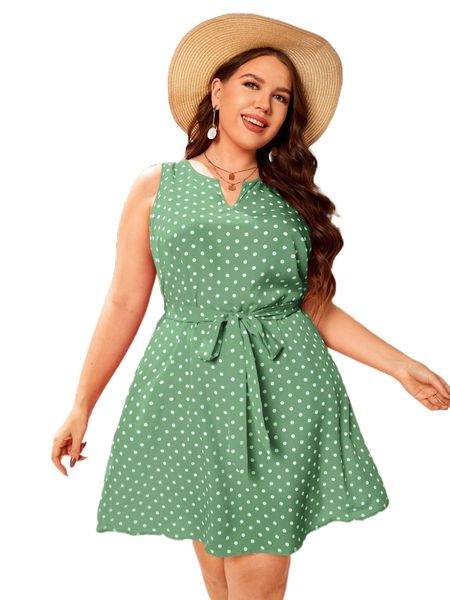 

plus polka dot notch neck belted dress 80nu#, Black