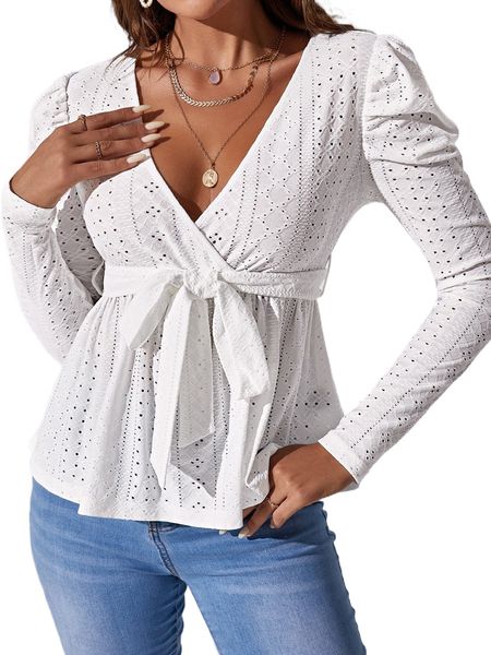 

eyelet embroidery belted peplum tee z1pu#, White