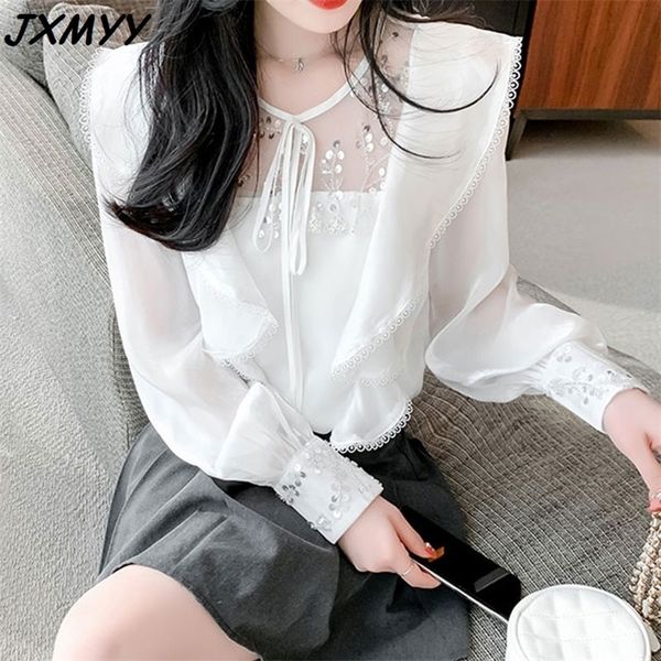 

spring long-sleeved lace sequined organza shirt female puff sleeve chiffon shirt jxmyy 210412, White