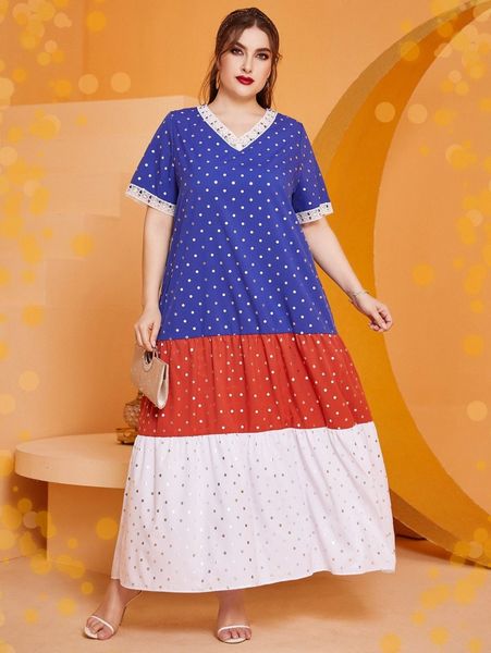 

plus polka dot lace insert smock dress 83gx#, Black