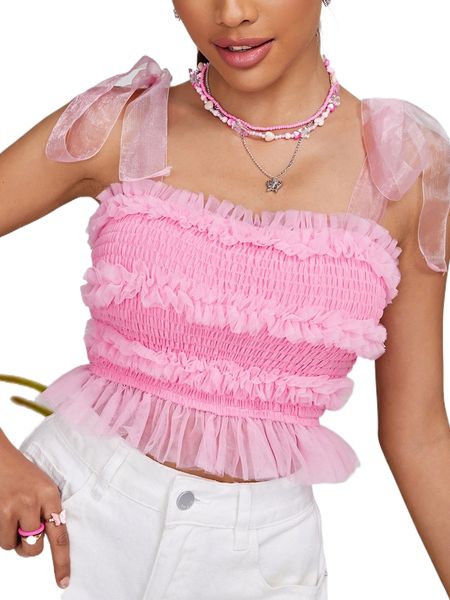 

tie shoulder ruffle hem shirred tank 117t#, White