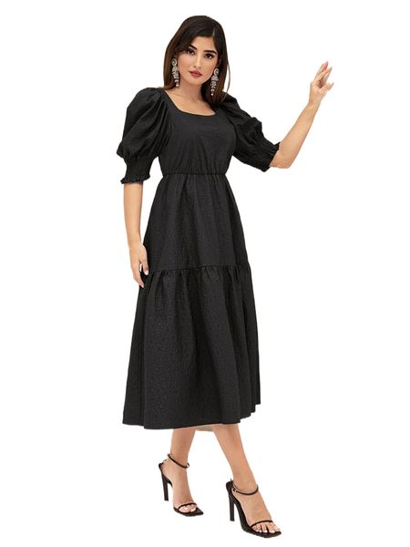

modely shirred square neck puff sleeve ruffle hem dress a6d2#, Black;gray