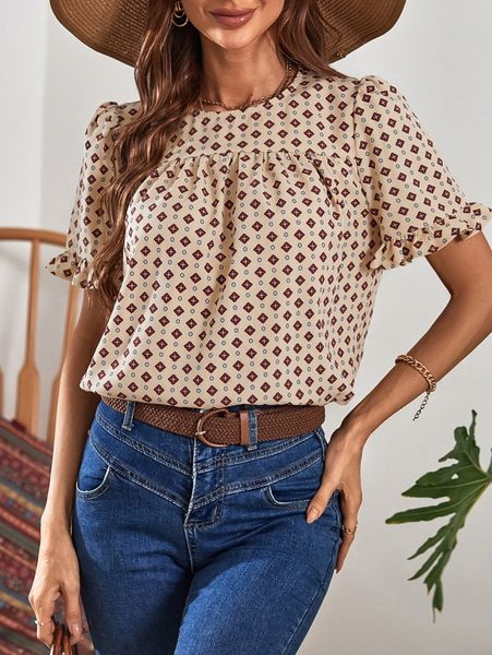 

allover print flounce sleeve blouse v9zr#, White