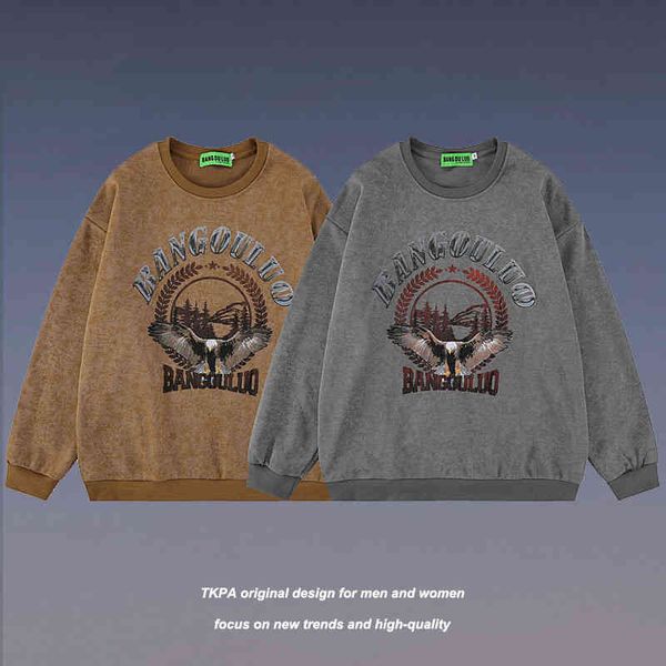 

tkpa2022 high street tide brand washed old sweater men's loose spring and autumn thin round neck long sleeve t-shirt guochao ins, Black