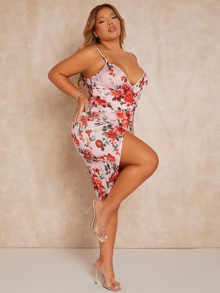 

sxy plus floral print ruched asymmetrical hem cami dress g6ia#, Black