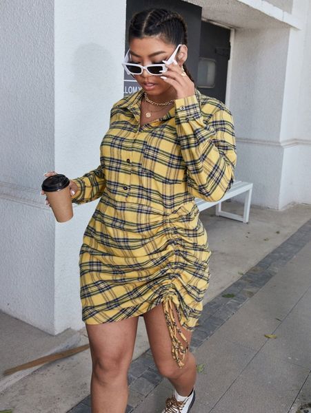 

plus drawstring ruched plaid dress m3z1#, Black