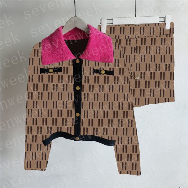 

jacquard letter womens sweaters slit skirts suit with fur collar fashion knitted cardigan autumn winter, Black