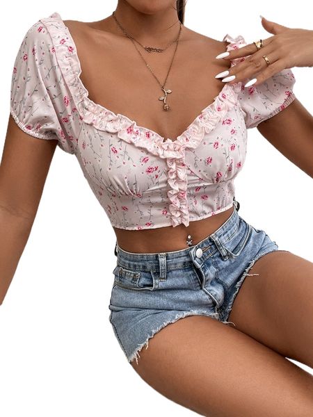 

petite ditsy floral puff sleeve frilled sweetheart neck blouse l563#, White