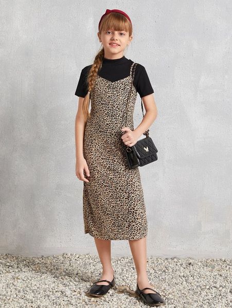 

girls mock neck tee & leopard print split hem dress set she, White