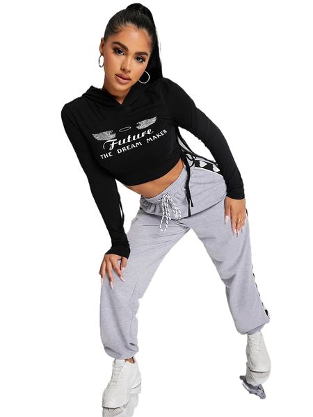 

sxy slogan & wings print drawstring crop hoodie j5oi#, Black