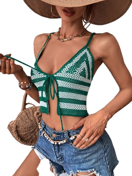 

striped pattern tie front crisscross back cami knit h8lq#, White;black