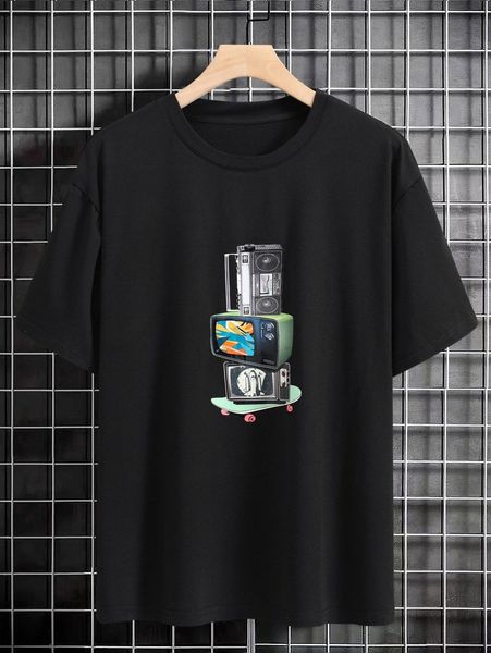 

extended sizes men radio print drop shoulder tee w4ge#, White;black