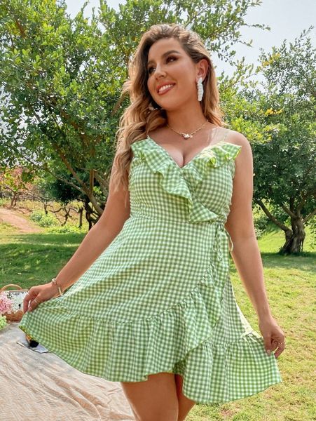 

plus gingham print ruffle trim cami dress c8fi#, Black