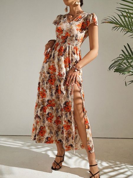 

allover floral print shirred waist split thigh dress t08t#, Black;gray