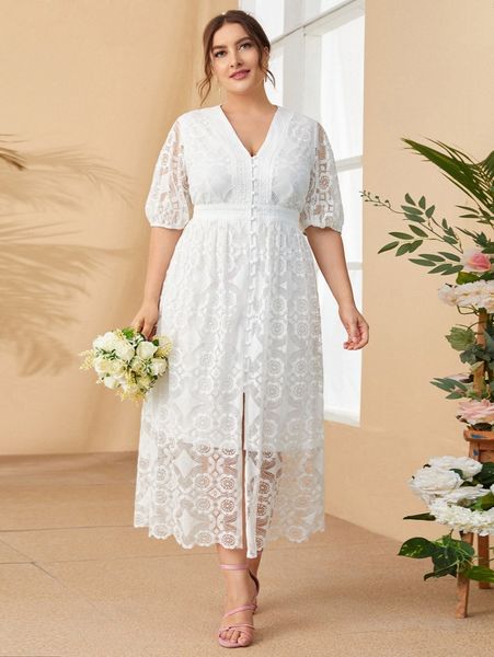 

plus puff sleeve button front lace overlay dress 55wx#, Black