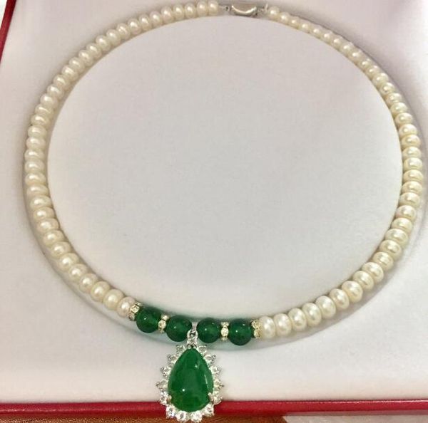 

7-8mm clean small thread green agate pearl pendant necklace white 100% pure natural fresh water pearls, Silver