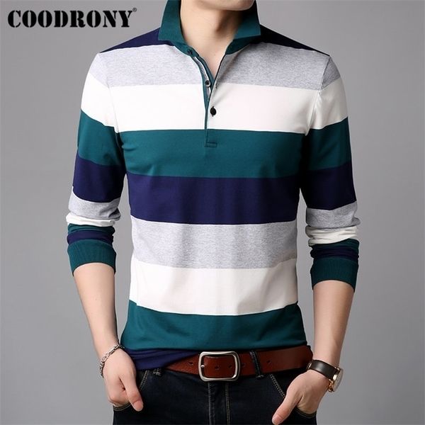 COODRONY T-shirt a maniche lunghe da uomo a righe Casual Streetwear T-shirt T-shirt in cotone morbido Homme T-shirt con colletto per la sera 95012 201116