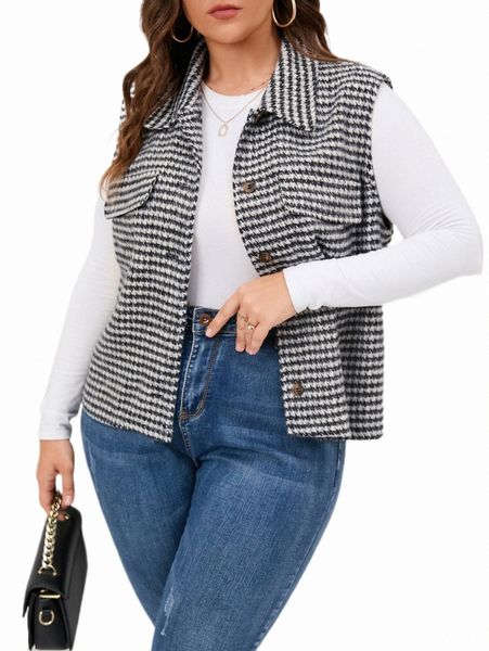 

plus houndstooth flap pocket vest jacket u8wk#, Black