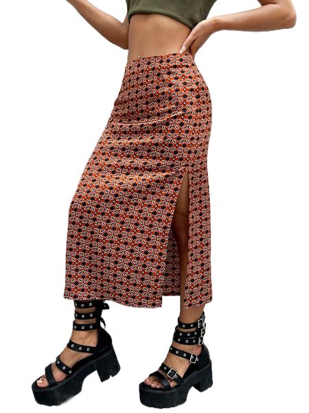 

high waist allover print split thigh satin skirt r6bb#, Black