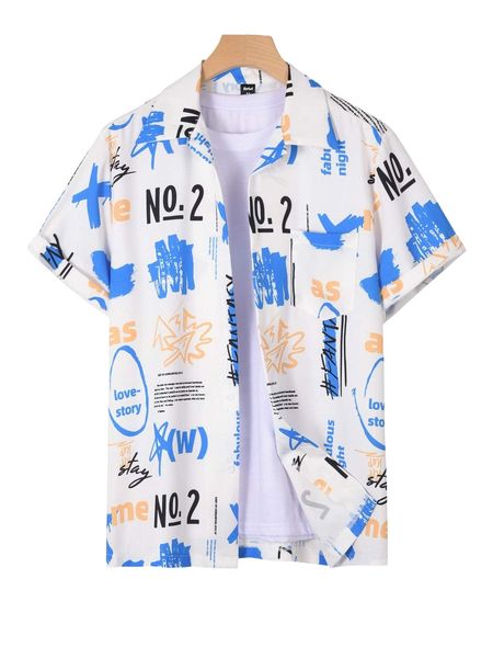 

romwe guys letter print button front pocket shirt without tee m8yw#, White;black