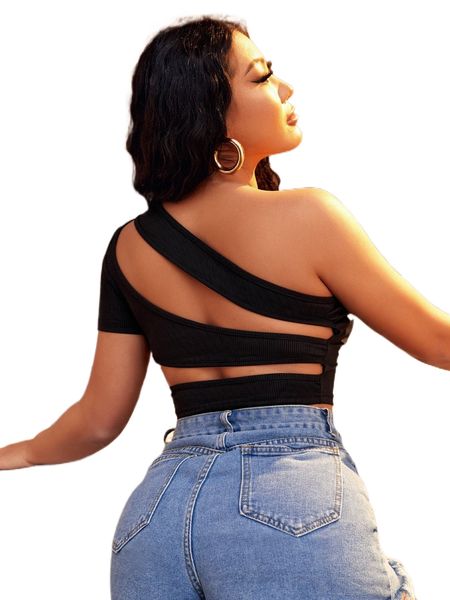 

sxy solid one shoulder cut out rib knit crop r6zx#, White