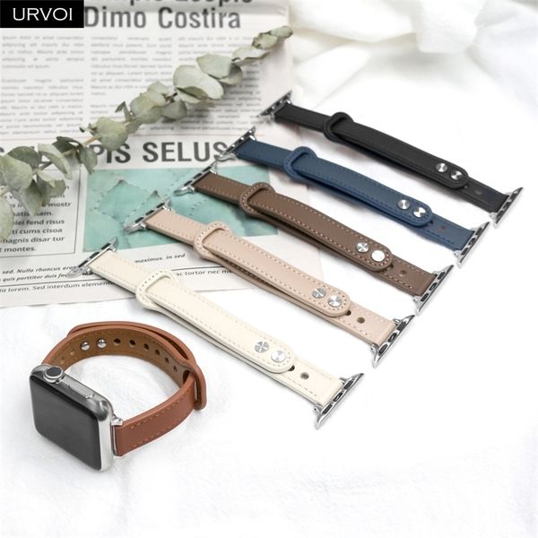 

urvoi strap for apple watch series 7 6 se 5 4 3 sport band slim genuine leather double pin buckle for iwatch modern design 40mm 220507, Black;brown