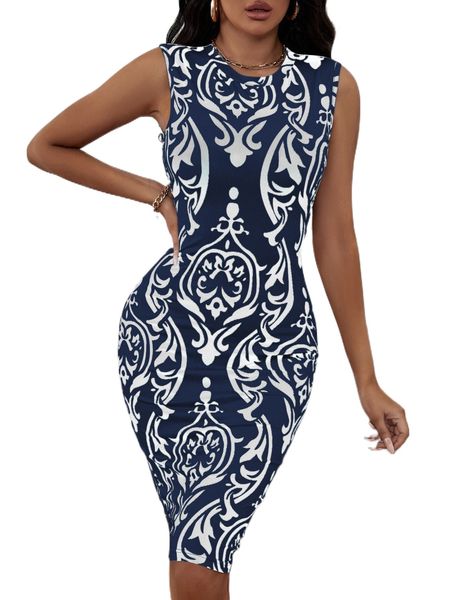 

sxy damask print sleeveless bodycon dress x8li#, Black;gray