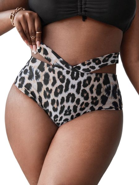 

plus leopard cut out bikini bottom p6t9#, Black