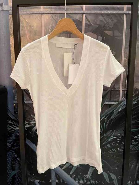 

women's t-shirt niche spring summer knitted white v-neck short sleeve t-shirt fashion thin rib drape sense versatile women