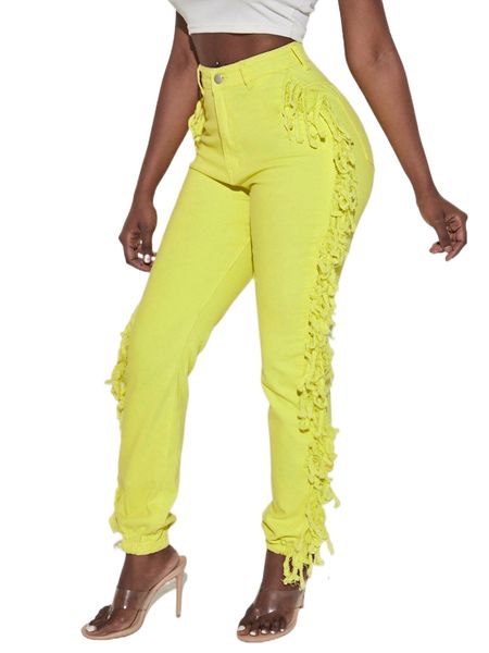 

sxy high waist fringe detail jeans 51nu#, Blue