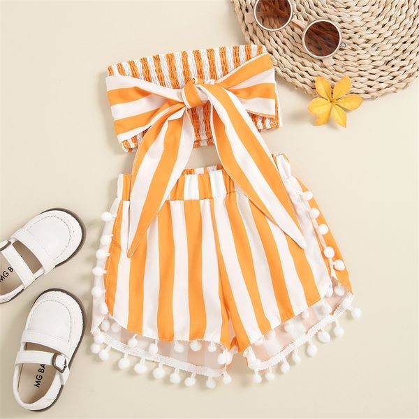 

focusnorm 1 6y summer infant girls sweet clothes sets 2pcs strap sleeveless striped bowknot tassel shorts 220620, White